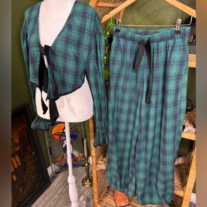 UO Out From Under Teal Plaid Velvet Bow Pajama Set